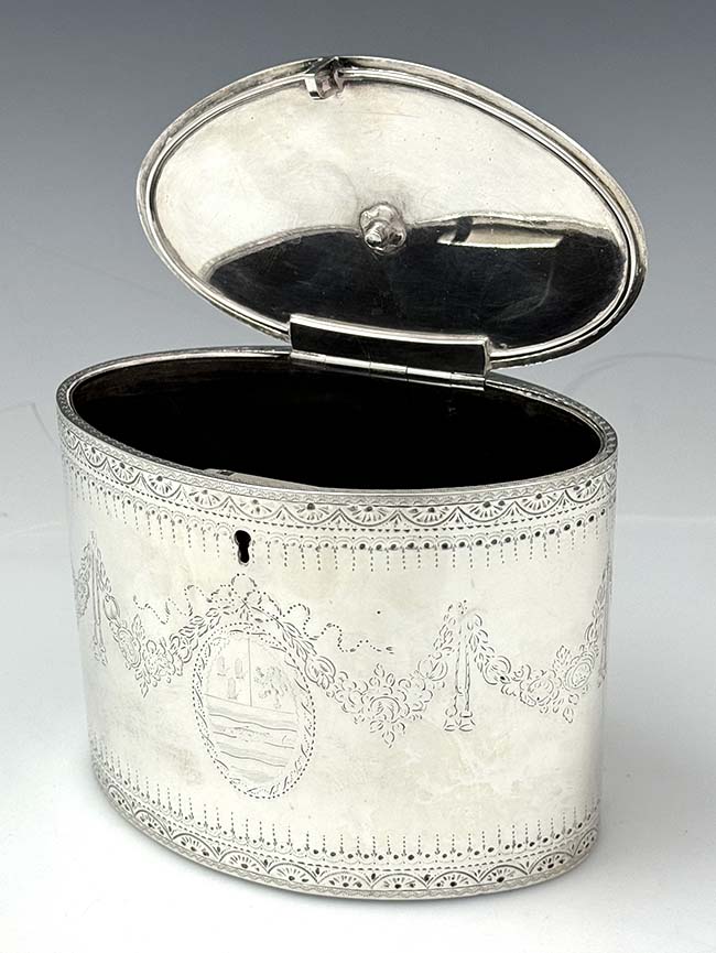 antique silver English engraved oval tea caddy London 1784